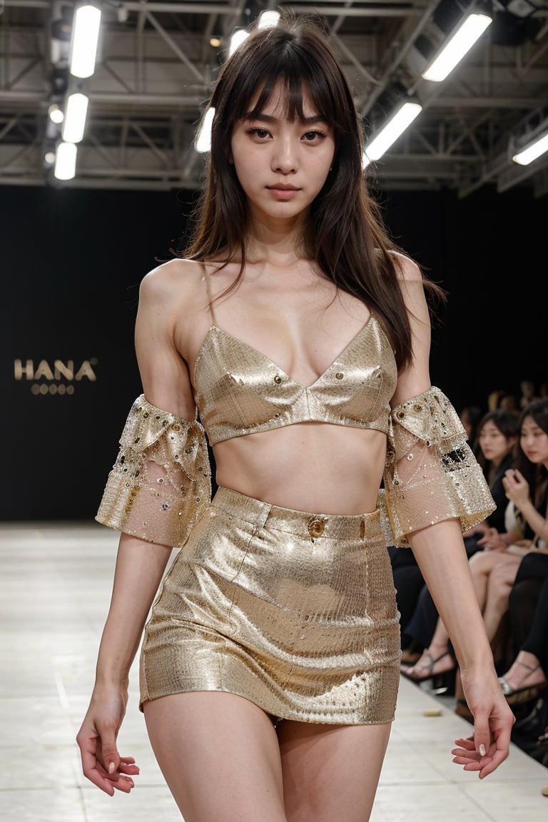 (8k, highest quality, ultra detailed:1.37), (Hana), 18yo, (a South Korean fashion model), struts confidently on the runway during a prestigious fashion week event. Dressed in a stunning designer ensemble, Hana's elegance and poise captivate the audience. The high-resolution image captures ultra-detailed realism, highlighting Hana's captivating eyes, flawless complexion, and fashionable hairstyle. The glamorous runway and stylish set design add to the visual appeal, creating a visually stunning representation of Hana's success in the fashion industry.