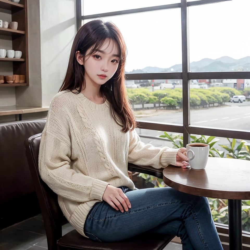 (8k, highest quality, ultra detailed:1.37), (Hana), 18yo, (a beautiful South Korean college girl), finds solace and relaxation in a cozy coffee shop. She dresses comfortably in a stylish sweater and jeans, savoring a warm cup of coffee. The high-resolution image captures ultra-detailed realism, emphasizing Hana's captivating eyes, flawless complexion, and peaceful expression as she enjoys her quiet retreat. The warm and inviting atmosphere of the coffee shop creates a visually appealing representation of Hana's tranquil moment and appreciation for simple pleasures.