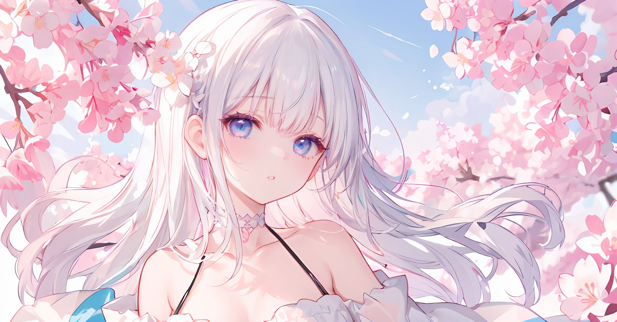 (masterpiece),illustration, best  quality, best refined rendering, extremely detailed, CG unity 8k wallpaper, sharp and clean edges, less noise, drawing as detailed and clear as possible, vivid and bright and colorful picture,1girl, solo, looking up, dress, long hair, blue eyes, choker, white hair, white dress, petals, white choker, flower, outdoors, arm up, parted lips, bare shoulders, off-shoulder dress, sky, pink flower, day, off shoulder, cherry blossoms, bangs, blurry, collarbone<lyco:GoodHands-beta2:0.9> <lora:PAseer的神话壁纸V1:0.3>