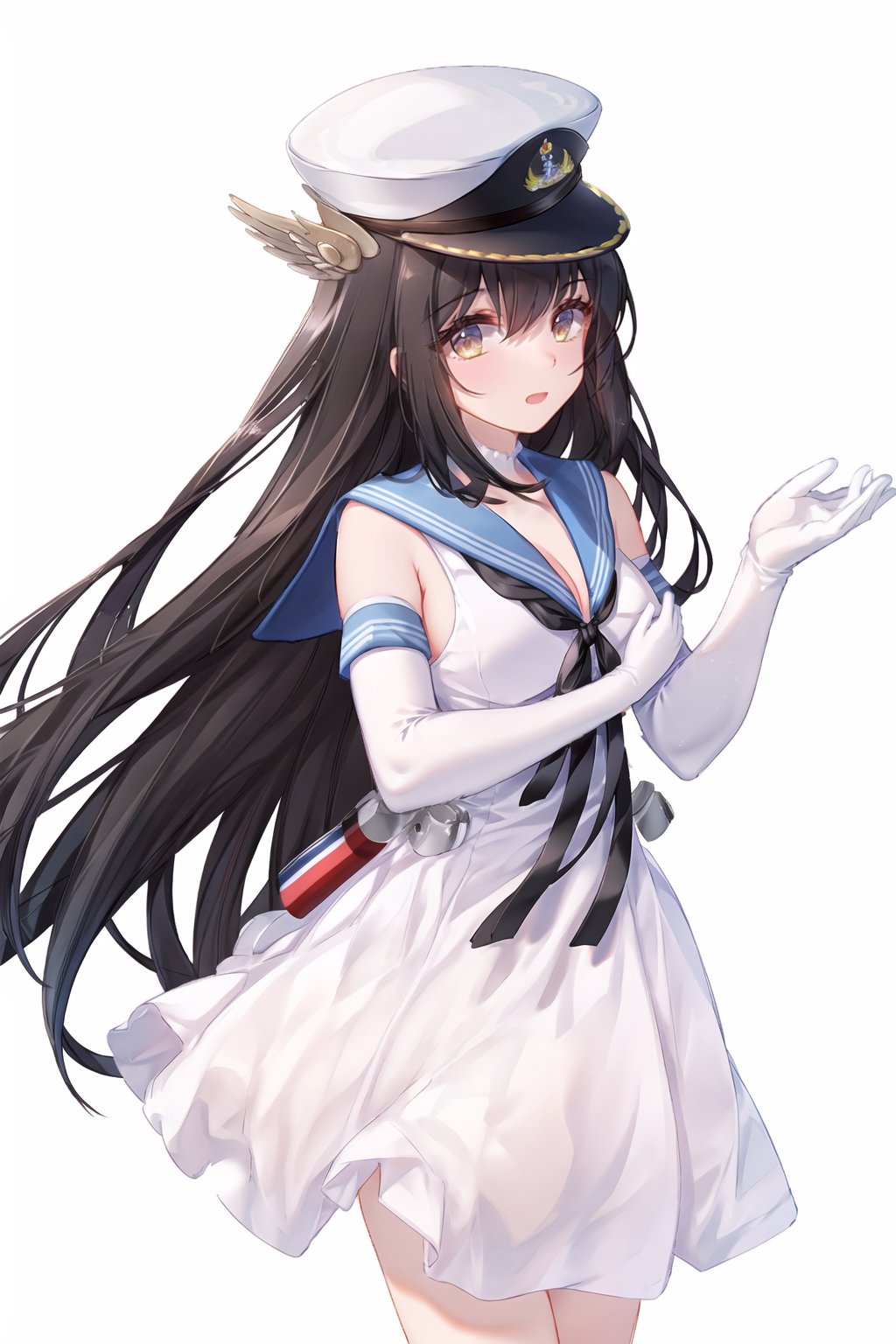 1girl.elbow gloves, white gloves, sailor dress, white dress, cleavage, sailor collar, white headwear, sleeveless dress, military hat;standing,looking at viewer,(cowboy shot).white background,