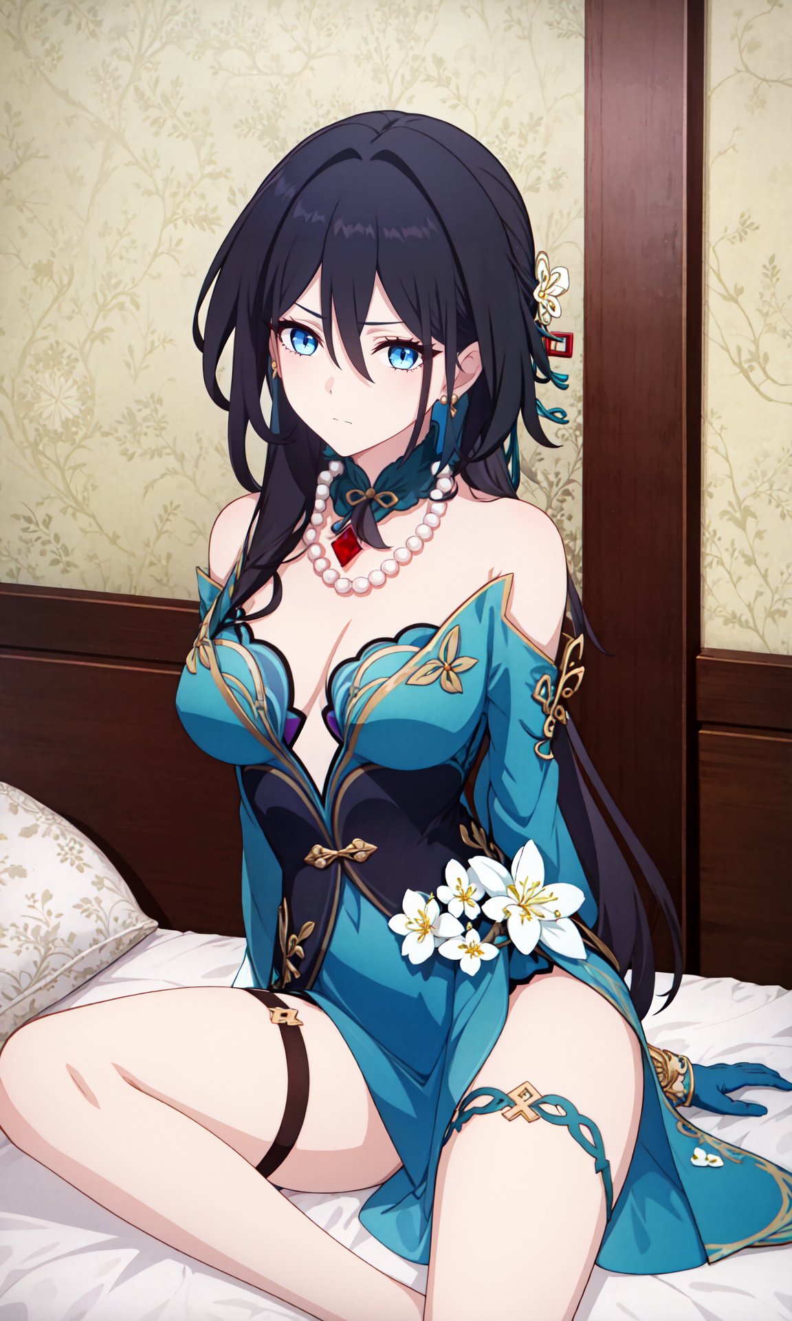 ,<lora:ruanmeilatest:1:lbw=role>ruanmei, ruanmei_official, chinese dress, 1girl, solo, blue eyes, breasts, long hair, jewelry,hair flower, dress, earrings, bare shoulders, hair between eyes, blue dress, hair intakes, black hair, bangs, medium breasts, hair ornament, thigh strap, cleavage, white flower,  beads, gloves,(ruby necklace:1.2),pearl necklace, flower on clothes,white long sleeves, ,indoors,sitting on bed,arms behind back, 1girl,,  (masterpiece,best quality:1.2),absurdres