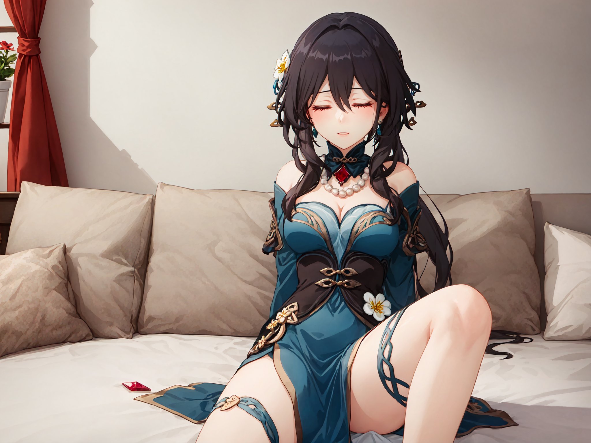 <lora:ruanmeilatest:1:lbw=role>,ruanmei,ruanmei_official,chinese dress,(1girl,solo:1.2),breasts,long hair,jewelry,hair flower,dress,earrings,bare shoulders,hair between eyes,blue dress,hair intakes,black hair,bangs,medium breasts,hair ornament,thigh strap,cleavage,white flower,beads,gloves,(ruby necklace:1.2),pearl necklace,flower on clothes,white long sleeves,indoors,sitting on bed,arms behind back,light on face,light smile,parted lips,closed eyes,crying,hdr,anime screencap,game cg,<lora:genshinImpactModel_v10:0.37:lbw=MIDD>,(masterpiece,best quality:1.2),absurdres,