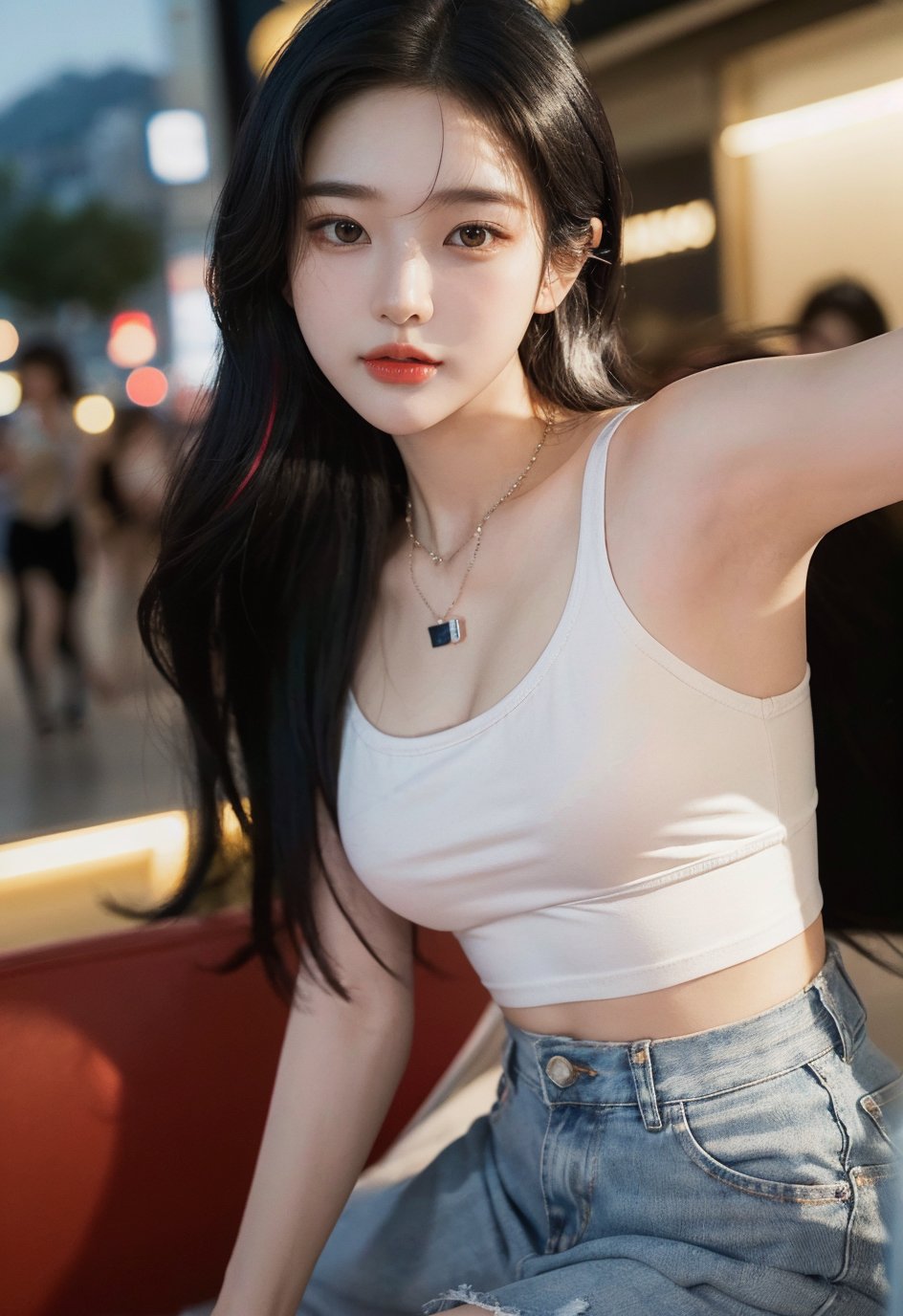SoHwa, 1 girl, detailed face, a woman with long black hair and a vivid clothing, (((Nsfw))), (night light), led lighting, magnificent light, ((dynamic lightig)), portrait, RAW, (intricate details:1.3), (best quality:1.3), (masterpiece:1.3), (hyper realistic:1.3), best quality, 1girl, ultra-detailed, ultra high resolution, very detailed mphysically based rendering, dynamic angle, dynamic pose, wind, 8K UHD, Vivid picture, High definition, intricate details, detailed texture, finely detailed, high detail, extremely detailed cg, High quality shadow, a realistic representation of the face, beautiful detailed, (high detailed skin, skin details), slim waist, beautiful and realistic and detailed hands and fingers:1, best ratio four finger and one thumb, (detailed face, detailed eyes, beautiful face), ((korean beauty, kpop idol, ulzzang, korean celebrity, korean cute, korean actress, korean, a beautiful 18 years old beautiful korean girl)), (high detailed skin, skin details), Detailed beautiful delicate face, Detailed beautiful delicate eyes, a face of perfect proportion, (beautiful and realistic and detailed hands and fingers:1.3), (Big breasts:1.3), (full body shot:1.3), (long legs:1.3), (sparkling eyes:1.3), (sparkling lips:1.3), taken by Canon EOS, SIGMA Art Lens 35mm F1.4, ISO 200 Shutter Speed 2000, Vivid ((korean beauty, kpop idol, ulzzang, korean celebrity, korean cute, korean actress, korean, 인스타 여신:1.3)), (blue eye), (black long hair),chanel_jewelry, chanel_bag, van cleef_necklace,Nice legs and hot body, see-through,hourglass bodyshape, SoHwa, (smile), (1girl), (teengirl), (32k), (raw photo, Detailed CG Illustration), (masterpiece), (best quality), (highres), (background), (ultra detailed), (physically-based rendering), (realistic), (photo-realistic), (cinematic light:1.4), (Clean facial skin: 1.2), (Glowing skin), ( intricate details), (hyper detail), (cowboy shot), (cinematic light), (rim lighting), (casual:1.4), (korean idol:1.2), (korean cute girl:1.2), (finely detailed eyes and detailed face), (small_face), (egg-shaped_face), (Big Smile), (multicolored_hair), (Big breasts), (absurdly_long_hair), (Eyelashes), (long_eyes), (long_eyelashes), (long_eyebrow), (black_eyes), (Parted_lips), (red_lips), (Slim), (Light Source prepare),  sophisticated, Accessories, jewelry, Denim jacket, white round tee, jeans, major league baseball cap