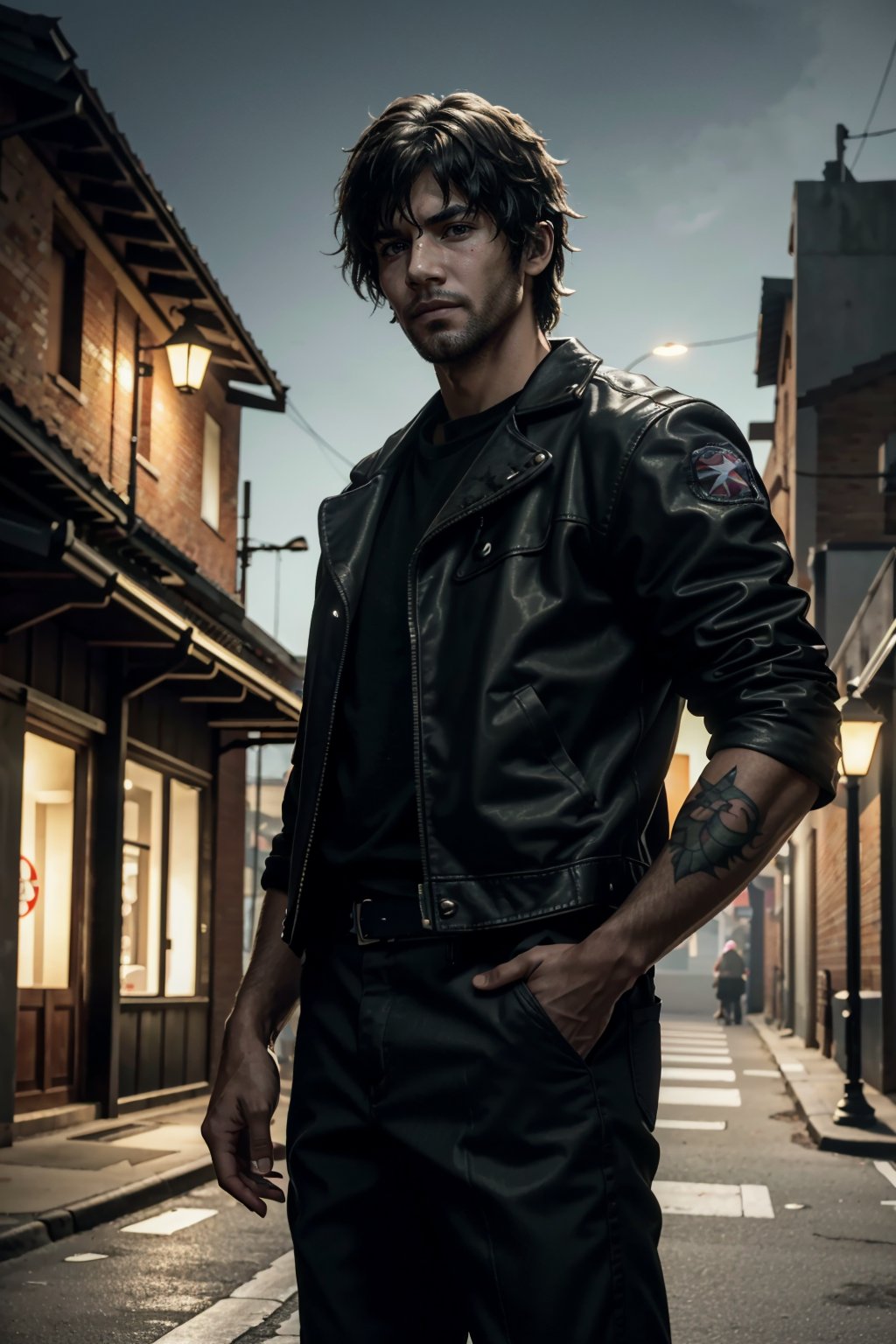 ((ultra detailed, masterpiece, best quality)) <lora:RE3Carlos:0.8>RE3Carlos, 1boy, solo, brown eyes, Under the glow of a streetlamp, fitted leather jacket, casual yet stylish, a glimpse of tattoos visible, hands in pockets with a nonchalant pose