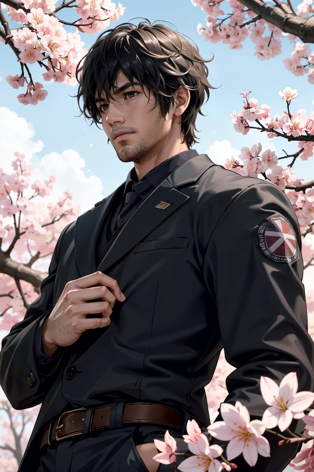 ((ultra detailed, masterpiece, best quality)) <lora:RE3Carlos:0.8>RE3Carlos, 1boy, solo, brown eyes, Beneath a cherry blossom tree in bloom, modern suit with a hint of traditional influence, stoic expression while holding a sakura branch