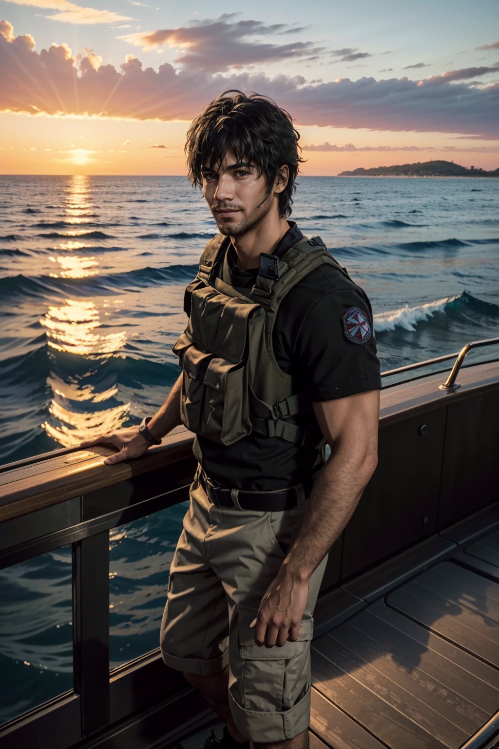 ((ultra detailed, masterpiece, best quality)) <lora:RE3Carlos:0.8>RE3Carlos, 1boy, solo, brown eyes, On a yacht at sunset, nautical-inspired fashion, ocean waves in the background, standing on the deck with a charismatic smile