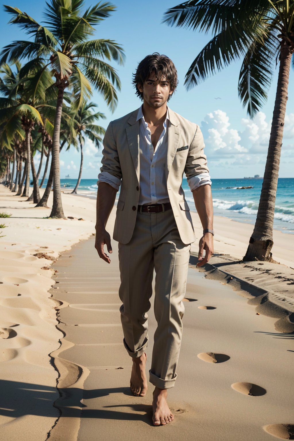 ((ultra detailed, masterpiece, best quality)) <lora:RE3Carlos:0.8>RE3Carlos, 1boy, solo, brown eyes, On a sandy beach with a sophisticated twist, linen suit with an unbuttoned shirt, ocean waves and palm trees, walking barefoot in the sand