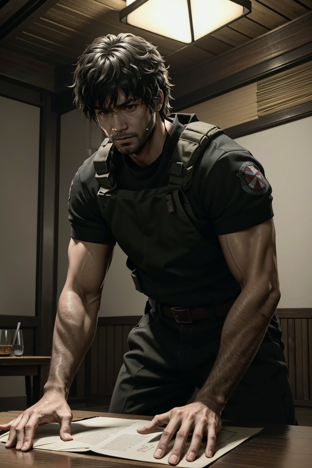 ((ultra detailed, masterpiece, best quality)) <lora:RE3Carlos:0.8>RE3Carlos, 1boy, solo, brown eyes, Within a traditional tatami room, sleek yakuza attire, low table with a spilled glass of whiskey, engaged in an intense conversation
