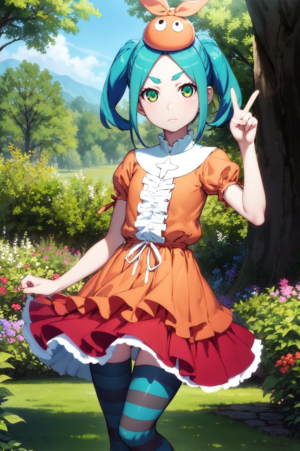 <lora:ononoki-yotsugi-test-v2:0.8>1girl, solo, looking at viewer,ononokiyotsugi, aqua hair, short hair, green eyes, twintails, thick eyebrows, striped pantyhose, blue and gray pantyhose, dress, orange dress, white turtle neck collar, white frills, hat, puffy sleeves, short sleeves, garden, trees, close up,v, peace sign, expressionless, closed mouth,