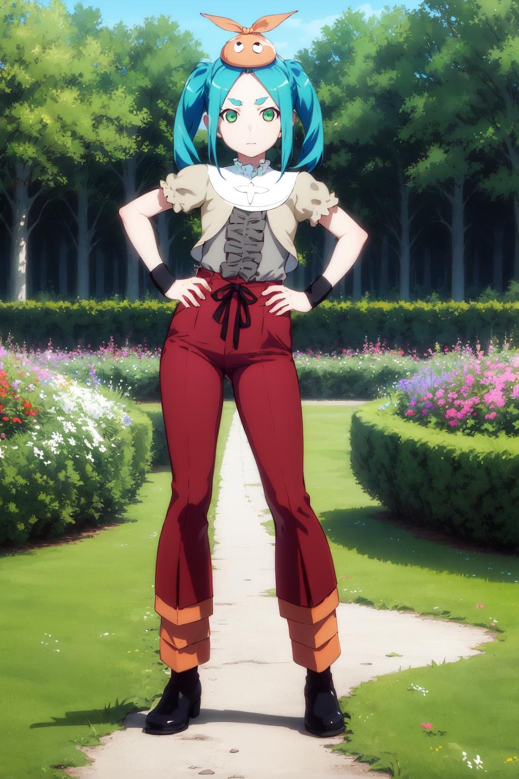 1girl, solo, looking at viewer,brown cardigan, wristband, white turtle neck collar, gray frills, hat, short sleeves, red pants, black shoes,ononokiyotsugi, aqua hair, short hair, green eyes, twintails, thick eyebrows, garden, trees, flowers in the background, park, trees, flowers in the background, grass,hands on hips,expressionless, closed mouth<lora:ononoki-yotsugi-test-v2:0.8>