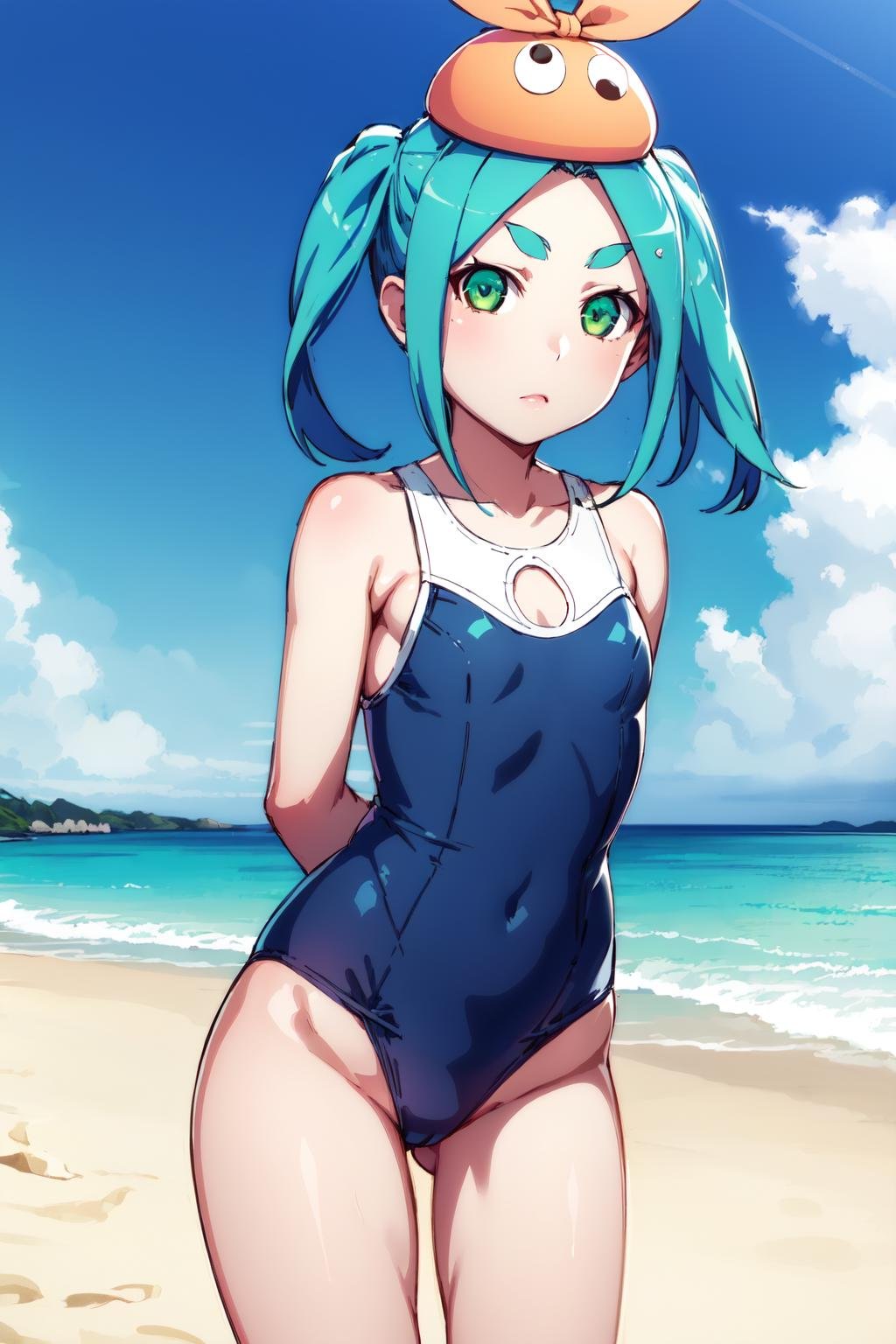 1girl, solo, looking at viewer,ononokiyotsugi, aqua hair, short hair, green eyes, twintails, thick eyebrows,one-piece swimsuit, blue swimsuit, hat,beach, sea, arms behind back, <lora:ononoki-yotsugi-test-v2:0.8>