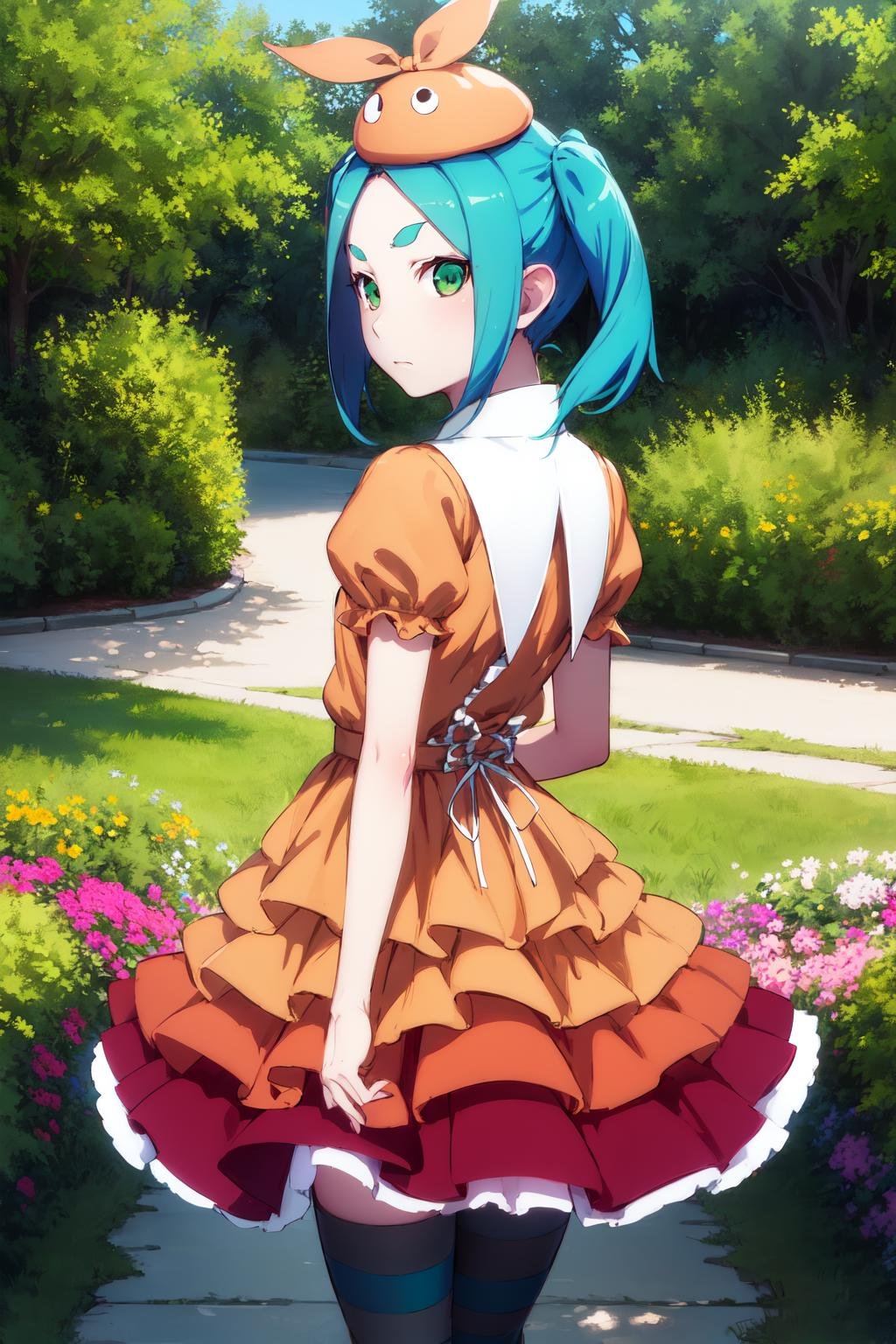 <lora:ononoki-yotsugi-test-v2:0.8>1girl, solo, looking at viewer,ononokiyotsugi, aqua hair, short hair, green eyes, twintails, thick eyebrows, striped pantyhose, blue and gray pantyhose, dress, orange dress, white turtle neck collar, white frills, hat, puffy sleeves, short sleeves, garden, trees, cowboy shot,arms behind back, expressionless, closed mouth,