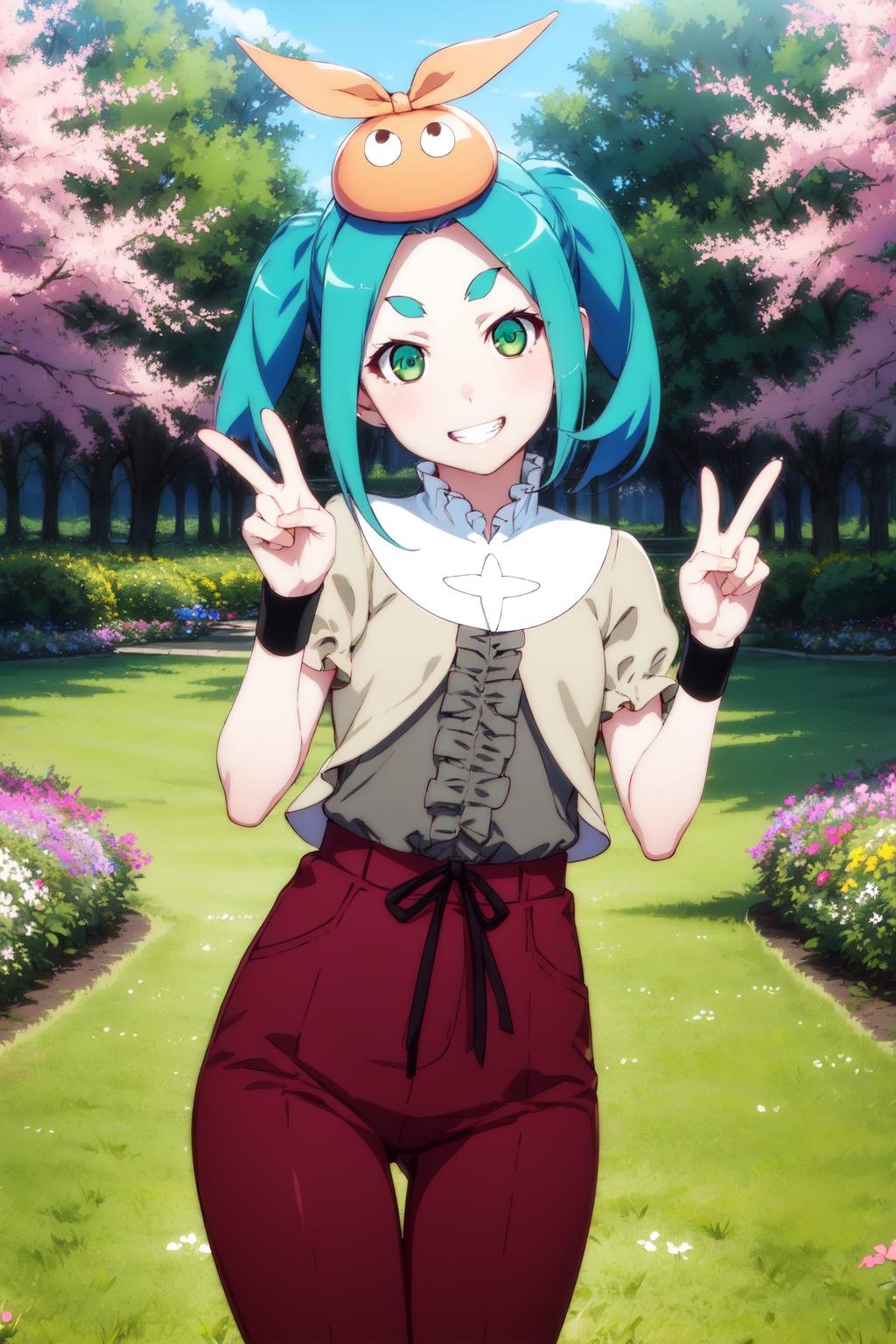 1girl, solo, looking at viewer,brown cardigan, wristband, white turtle neck collar, gray frills, hat, short sleeves, red pants, ononokiyotsugi, aqua hair, short hair, green eyes, twintails, thick eyebrows, garden, trees, flowers in the background, park, trees, flowers in the background, grass,v, peace sign, v over eye,smile, grin,<lora:ononoki-yotsugi-test-v2:0.8>