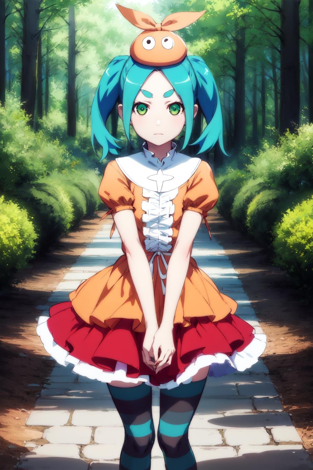 <lora:ononoki-yotsugi-test-v2:0.8>1girl, solo, looking at viewer,striped pantyhose, blue and gray pantyhose, dress, orange dress, white turtle neck collar, white frills, hat, puffy sleeves, short sleeves, ononokiyotsugi, aqua hair, short hair, green eyes, twintails, thick eyebrows, garden, trees, close up,standing, arms between legs, expressionless, closed mouth,