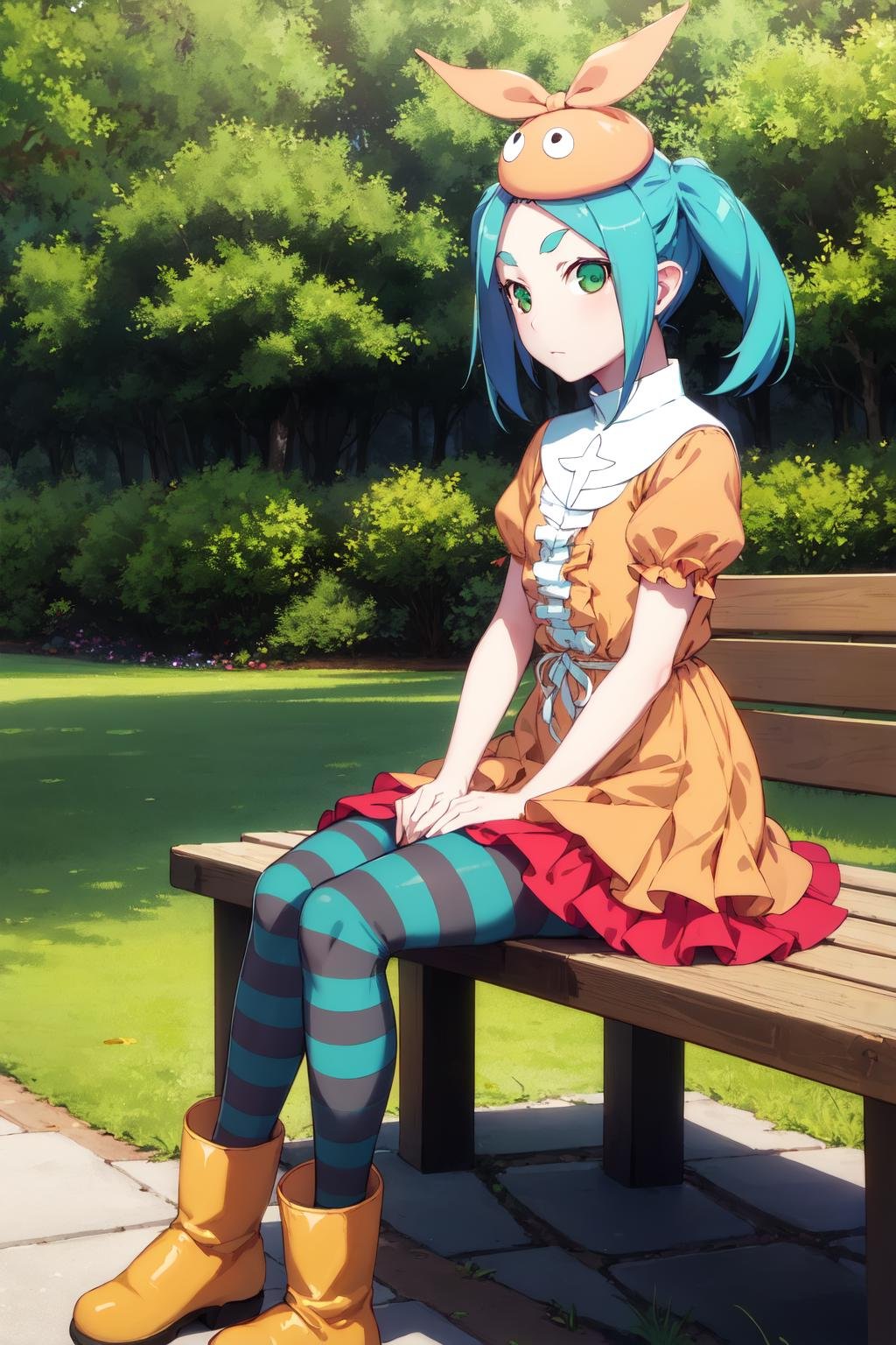 <lora:ononoki-yotsugi-test-v2:0.8>1girl, solo, looking at viewer,striped pantyhose, blue and gray pantyhose, dress, orange dress, white turtle neck collar, white frills, hat, rubber boots, puffy sleeves, short sleeves, ononokiyotsugi, aqua hair, short hair, green eyes, twintails, thick eyebrows, garden, trees, expressionless, closed mouth, sitting, on a bench,