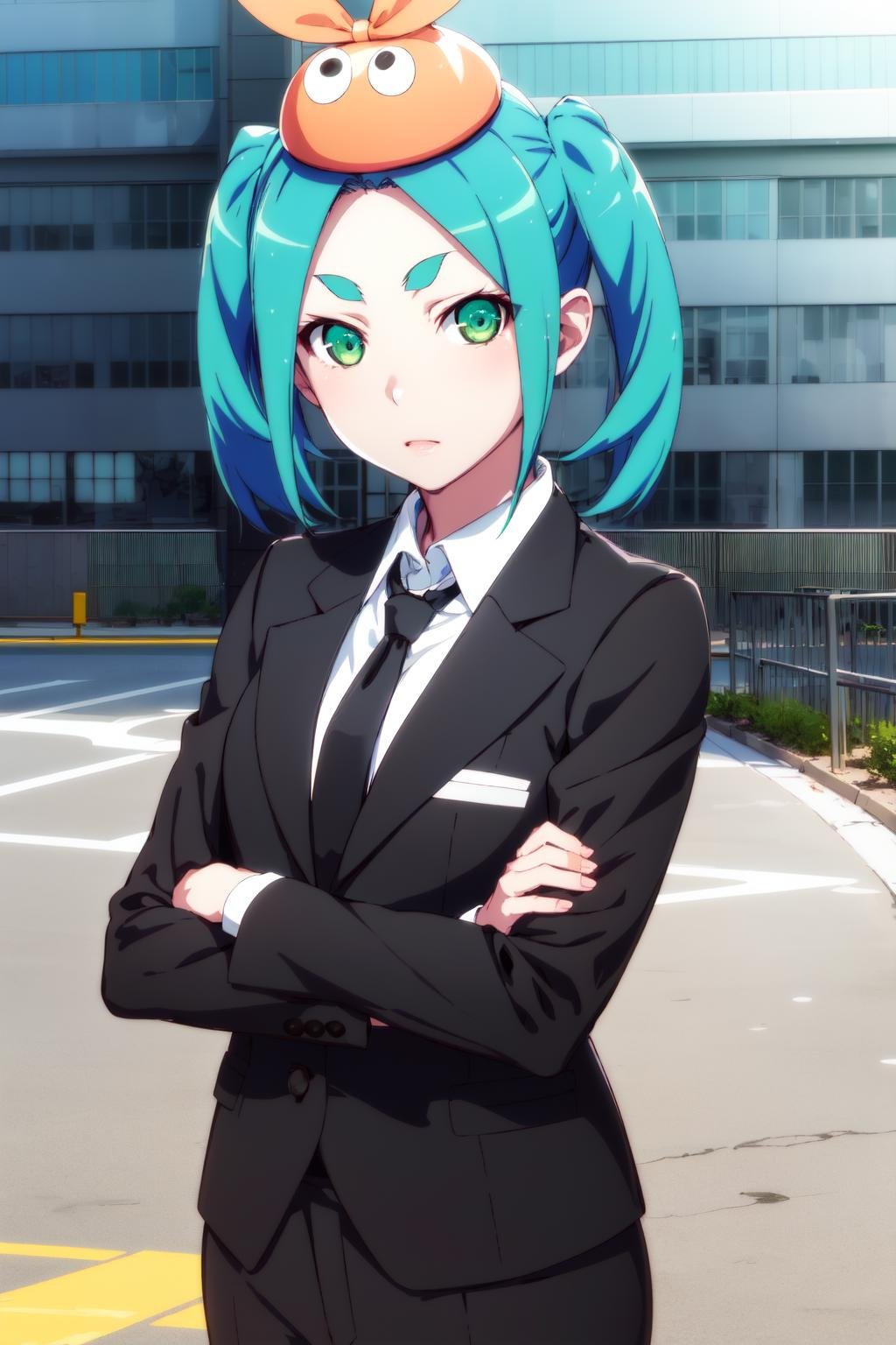 1girl, solo, looking at viewer,ononokiyotsugi, aqua hair, short hair, green eyes, twintails, thick eyebrows,black business suit, black tie, hat, crossed arms, <lora:ononoki-yotsugi-test-v2:0.8>