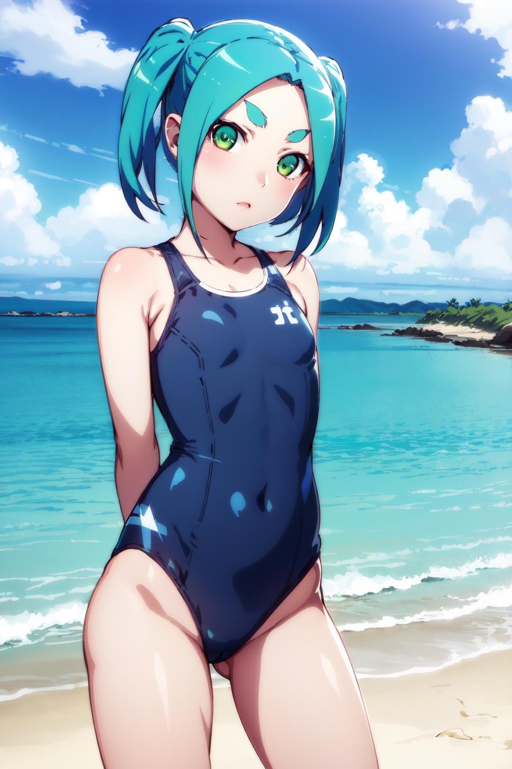 1girl, solo, looking at viewer,ononokiyotsugi, aqua hair, short hair, green eyes, twintails, thick eyebrows,one-piece swimsuit, blue swimsuit, beach, sea, arms behind back, <lora:ononoki-yotsugi-test-v2:0.8>