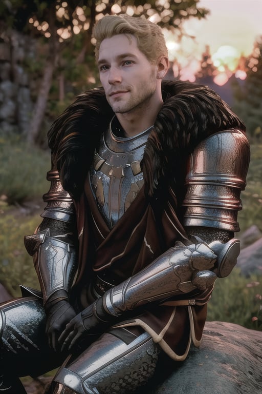 cullen_rutherford, blonde, armor, sitting in a rock, 4k, depth of field, sunset, forest background, smirk, looking at the viewer, stripped black beard, scar on lips,