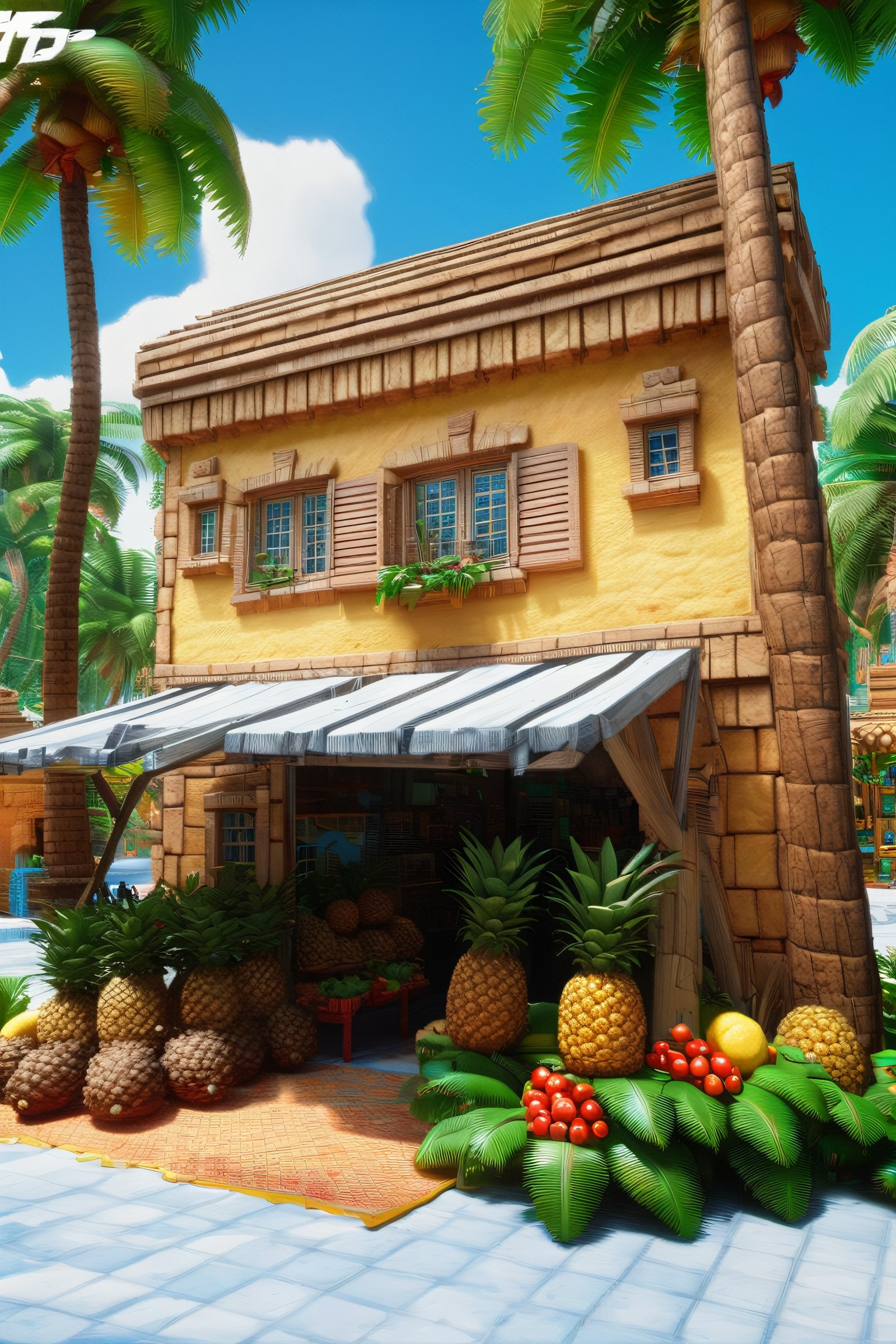 4k resolution, intricately detailed, trending on artstation, ((best quality)), ((highly detailed)), masterpiece, scenery, no humans,
outside, Delfino_Plaza, small fruit stand, pineapples, coconuts, palm tree, small house, clear blue sky, realistically detailed, HDR, ,Delfino_Plaza