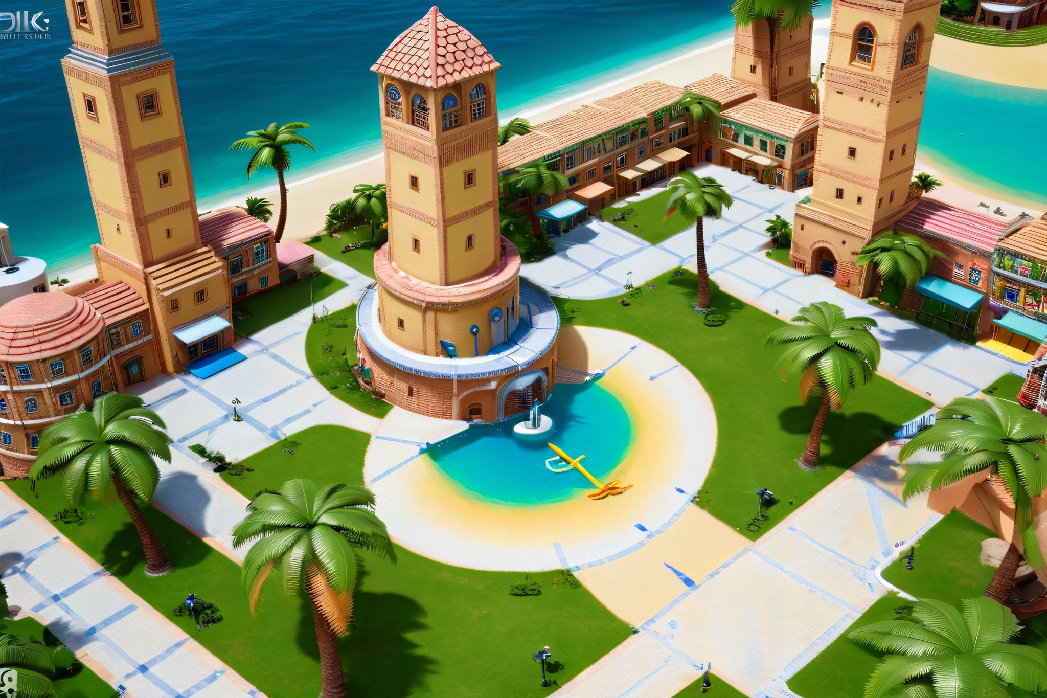 4k resolution, intricately detailed, trending on artstation, ((best quality)), ((highly detailed)), 
an aerial shot of Delfino_Plaza, birds eye view, palm tree, clock tower, fountain, small houses, ocean, beach, realistically detailed, HDR