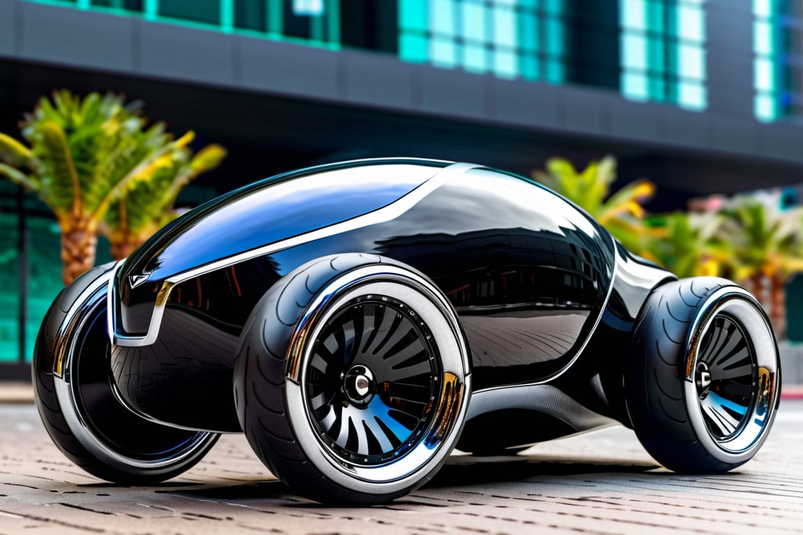 Futuristic Hi-Tech, High Waist, Type 7, Sleek Sci-Fi Bodywork, Large Rear Wheels, Shiny Black and Silver Chrome Protective Tubes, (((Black Wheels))), Black Rubber Tires, On the Road Cyberpunk Urban Background, Noon, Front View, Symmetrical, 