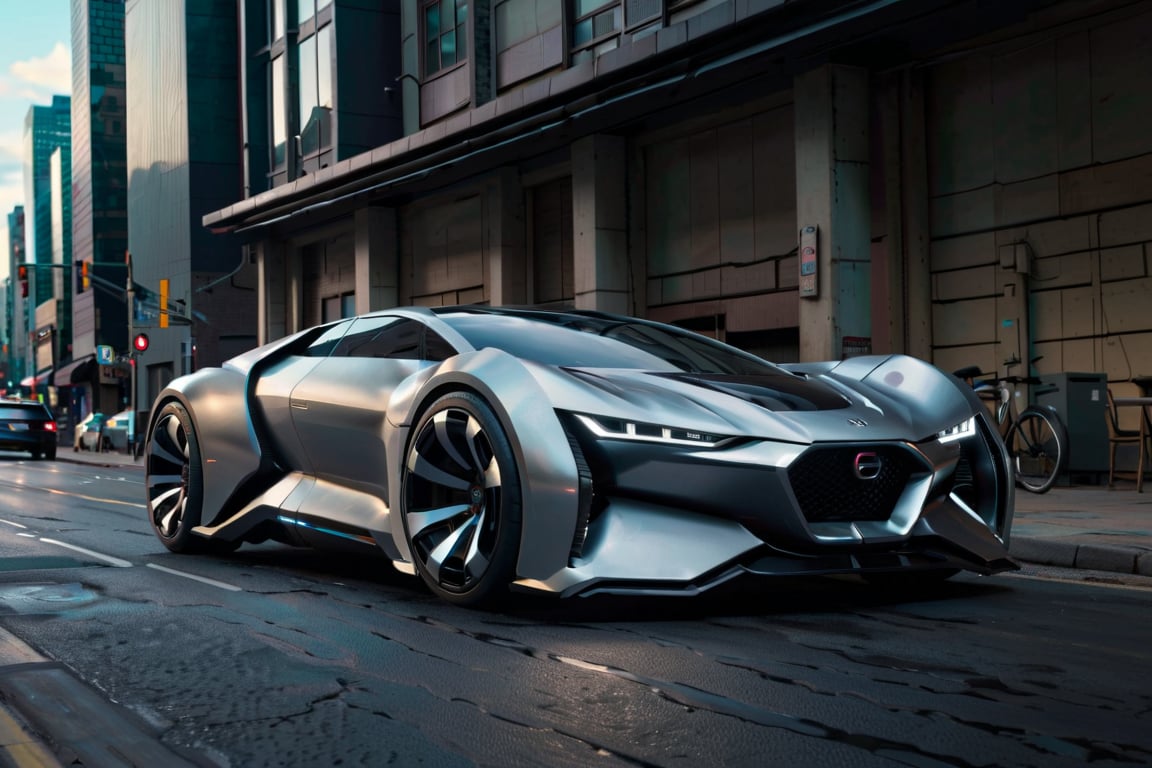 Futuristic Hi-Tech, High Waist, Sleek Sci-Fi Bodywork, Large Rear Wheels, Shiny Black and Silver Chrome Protective Tubes, (((Black Wheels))), Black Rubber Tires, On the Road Cyberpunk Urban Background, Noon, Front View, Symmetrical, Concept Cars,CAR,c_car,Concept Cars