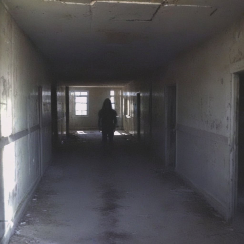 VHSfootage, shadowy figure standing in hallway of abandoned construction
