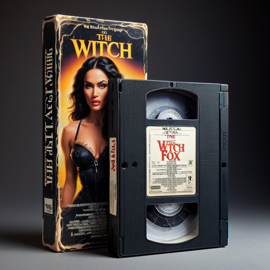 a VHS package of a movie, Musical (movie poster with title and text graphics:1.3), "The Witch" movie starring megan fox, directed by Agnieszka Holland High-contrast lighting, shadowy figures, Dutch angles, hard-boiled, chiaroscuro, suspenseful, 1940s, Noire
