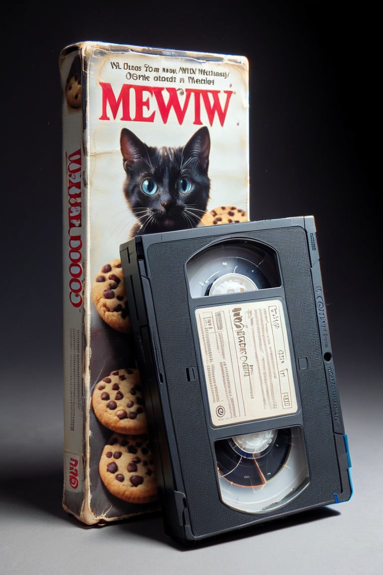 vhs tape, a movie called "MewMew" - cats get caught eatin cookies