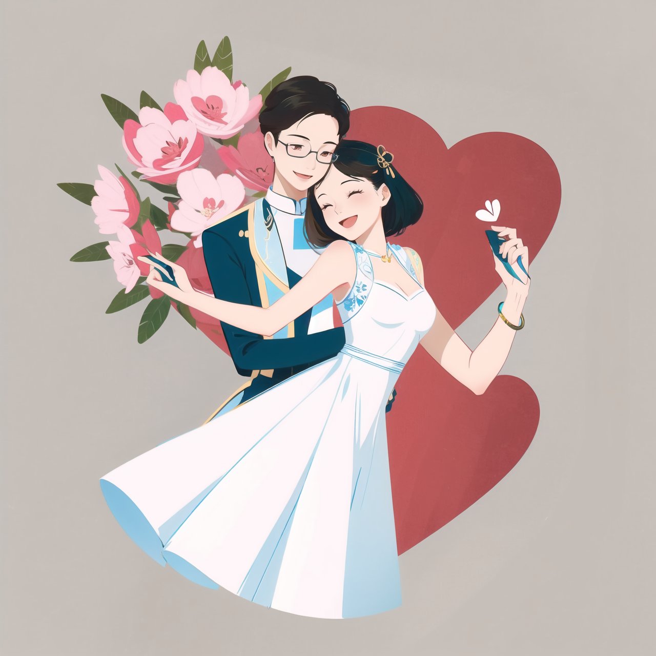 masterpiece, high quality,  (2d flat illustration), 1 female Vietnamese, 23yo, wears white dress is smiling very happy with her Boyfriend on Valentine Day. 