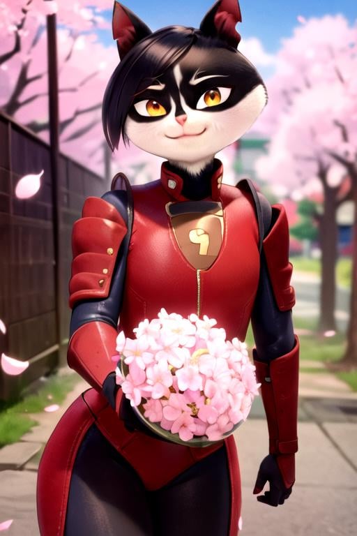 masterpiece, best quality, <lora:chizu:0.7>  chizu, cat girl, furry female, solo, cat ears, short hair, closed mouth, orange eyes, armor, bodysuit, red jacket, red bodysuit, outdoors, cherry blossoms, falling petals, smile, looking at viewer, standing, upper body, 