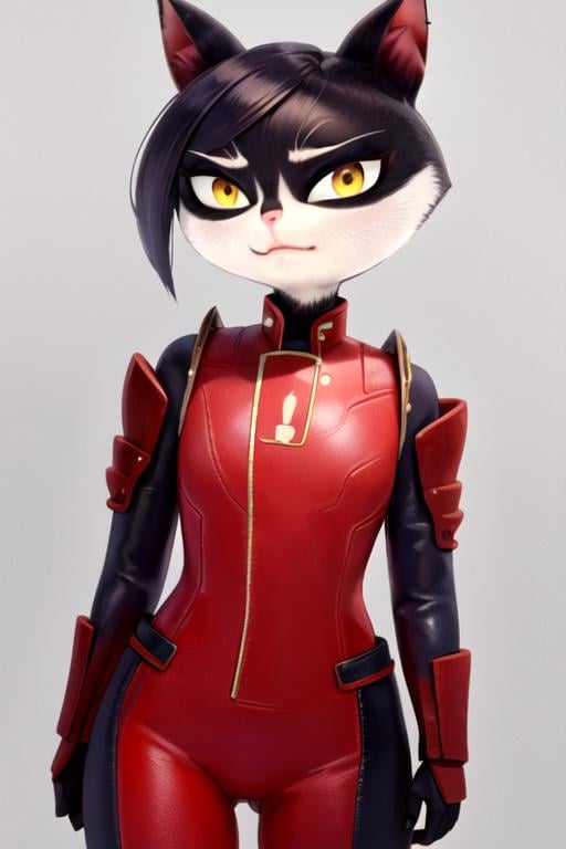 masterpiece, best quality, <lora:chizu:0.7>  chizu, cat girl, furry female, solo,  cat ears, short hair, closed mouth, yellow eyes, armor, orange eyes, bodysuit, red jacket, red bodysuit, simple background