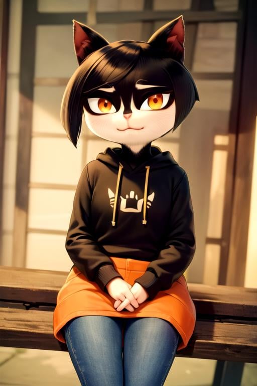 masterpiece, best quality, <lora:chizu:0.7>  chizu, cat girl, furry female, solo, cat ears, short hair, closed mouth, orange eyes, looking at viewer, black hoodie, jeans, sitting, long sleeves, 