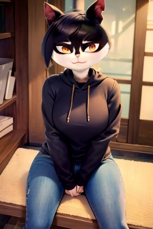 masterpiece, best quality, <lora:chizu:0.7>  chizu, cat girl, furry female, solo, cat ears, short hair, closed mouth, orange eyes, looking at viewer, black hoodie, jeans, sitting, long sleeves, breasts, indoors