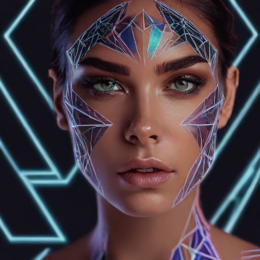 Create and image of a woman on a black background, around her is one triangle in neon colors, geometric forms, galaxy, detailed, neon reflection in her eyes, perfect face, proportions 
