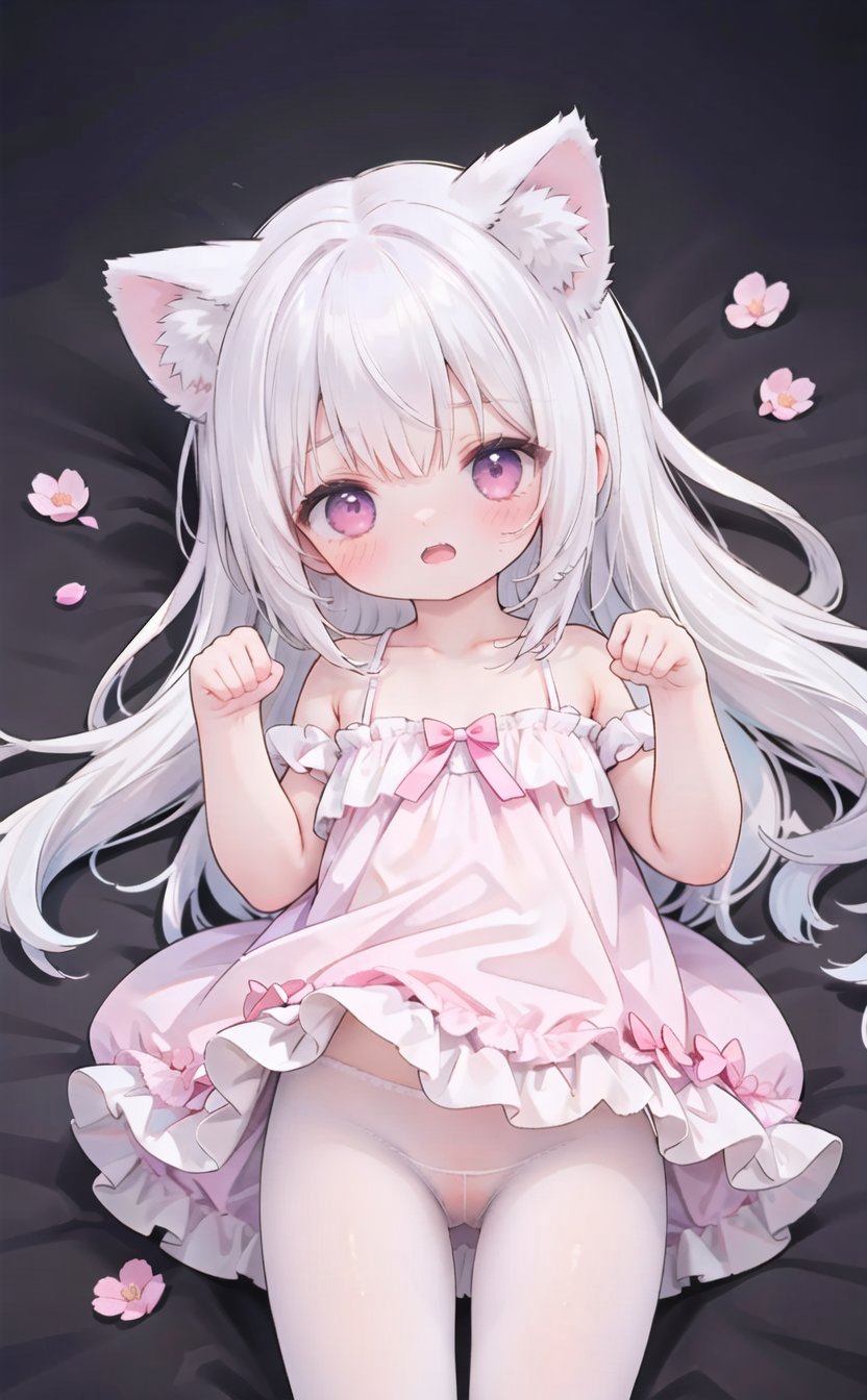 (very long hair,cowboy shot:1),(4349,4349,4349:1),1girl,animal ears,solo,long hair,animal ear fluff,cat ears,pink eyes,white pantyhose,open mouth,lying,on back,no shoes,paw pose,dress,petals,blush,underwear,pink dress,panties,panties under pantyhose,looking at viewer,bare shoulders,dakimakura (medium),1girl,animal ears,solo,long hair,animal ear fluff,cat ears,pink eyes,white pantyhose,open mouth,lying,on back,no shoes,paw pose,dress,petals,blush,underwear,pink dress,panties,panties under pantyhose,looking at viewer,bare shoulders,dakimakura (medium),1girl,animal ears,solo,long hair,animal ear fluff,cat ears,pink eyes,white pantyhose,open mouth,lying,on back,no shoes,paw pose,dress,petals,blush,underwear,pink dress,panties,panties under pantyhose,looking at viewer,bare shoulders,dakimakura (medium),