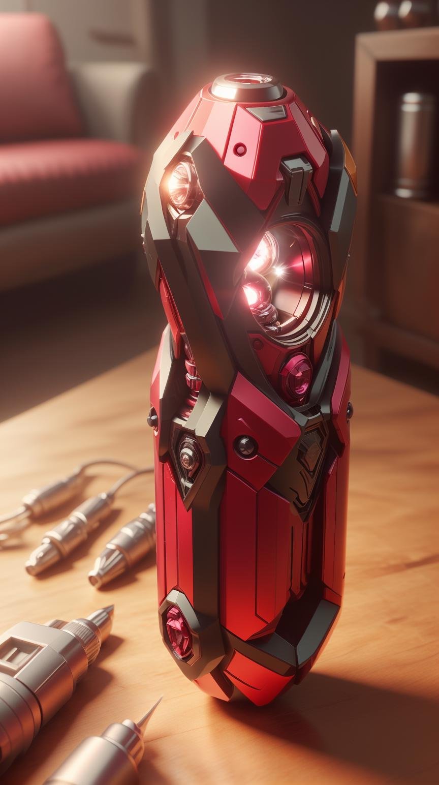 <lora:TransformersStyle:1.0> TransformersStyle Sage, Burgundy, Mini flashlight