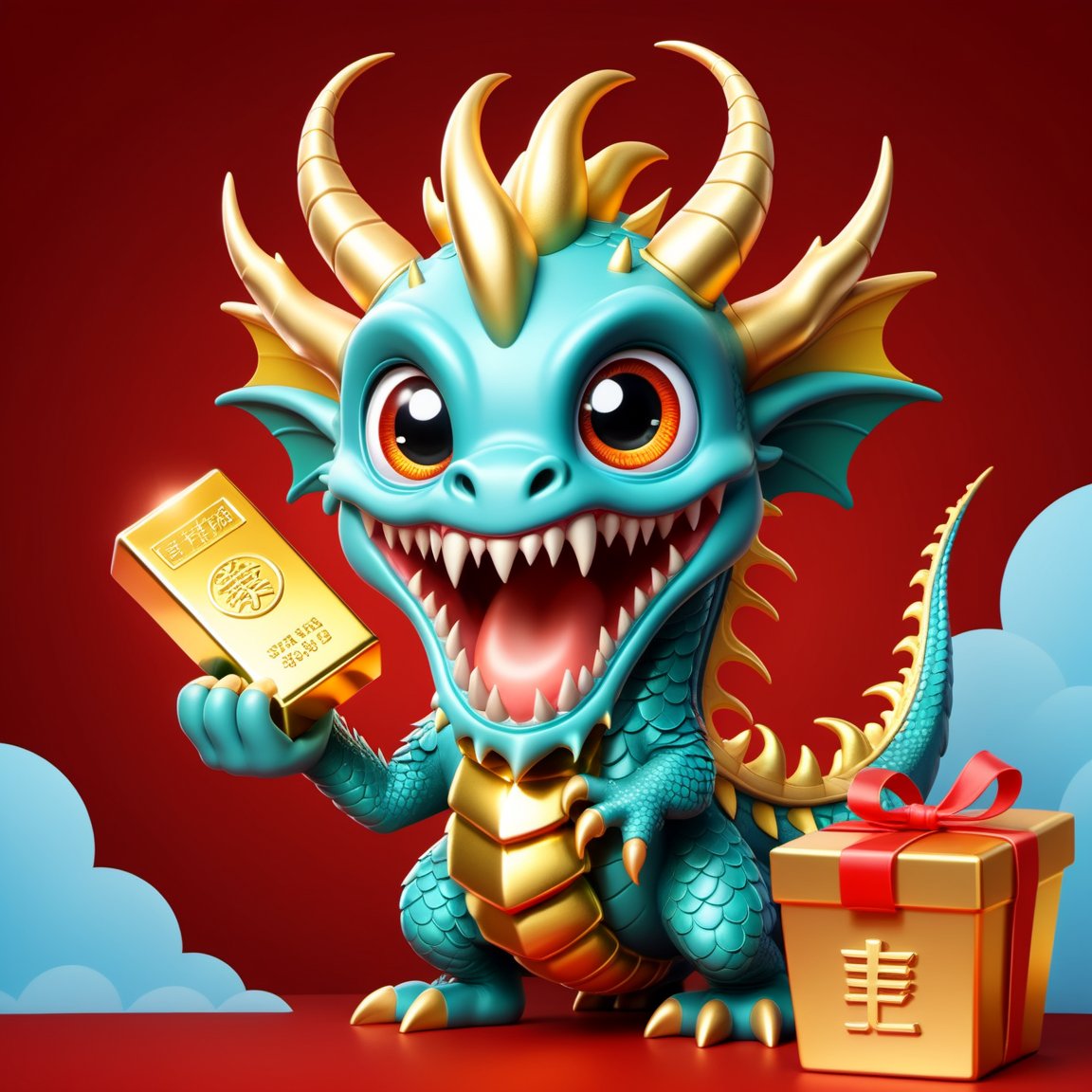 Cartoon Dragon,  illustration,  2D effect,  Chinese style,  New Year mascot,  ((((Holding money in left hand)))),  ((((((Holding gold bar in right hand)))))),  big eyes,  smile,  Dragon horn on head,<lora:EMS-90475-EMS:0.500000>,<lora:EMS-52717-EMS:0.400000>