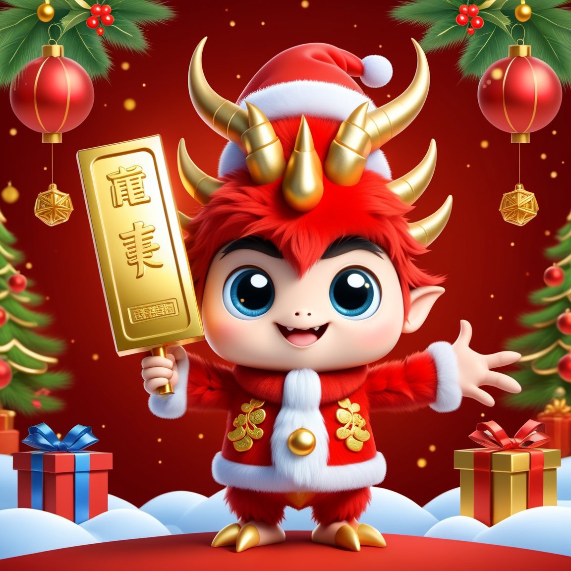 Cartoon Dragon,  illustration,  2D effect,  Chinese style,  New Year mascot,  ((((Holding money in left hand)))),  ((((((Holding gold bar in right hand)))))),  big eyes,  smile,  Dragon horn on head,  (((((Christmas atmosphere))))),<lora:EMS-52717-EMS:0.400000>,<lora:EMS-90475-EMS:0.500000>