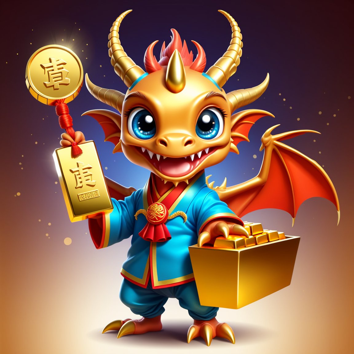 Cartoon Dragon,  illustration,  2D effect,  Chinese style,  New Year mascot,  Holding money in left hand,  ((((((Holding gold bar in right hand)))))),  big eyes,  smile,  Dragon horn on head,<lora:EMS-90475-EMS:0.500000>,<lora:EMS-52717-EMS:0.400000>
