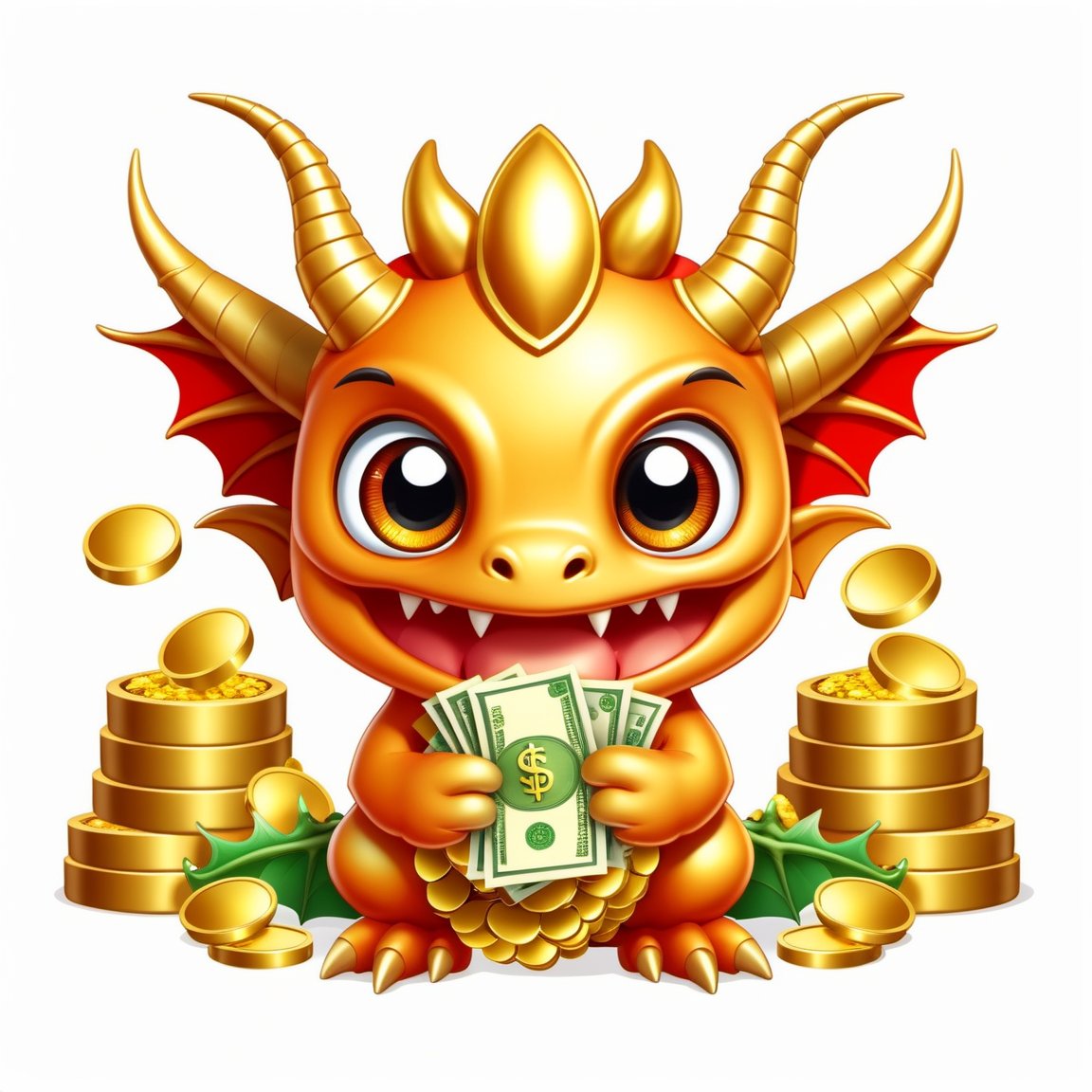 Cartoon Dragon,  illustration,  2D effect,  Chinese style,  New Year mascot,  ((((Holding a pile of money in the left hand)))),  ((((((holding a pile of gold in the right hand) )))))),  big eyes,  smile,  Dragon horns on the head,<lora:EMS-52717-EMS:0.400000>,<lora:EMS-90475-EMS:0.500000>