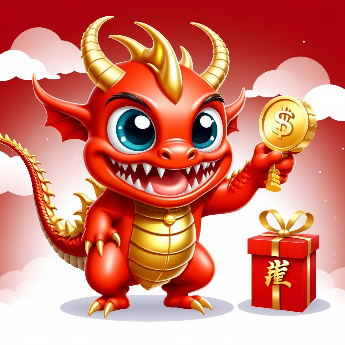 Cartoon Dragon,  illustration,  2D effect,  Chinese style,  New Year mascot,  Holding money in left hand,  Holding gold bar in right hand,  big eyes,  smile,  Dragon horn on head,<lora:EMS-90475-EMS:0.500000>,<lora:EMS-52717-EMS:0.400000>