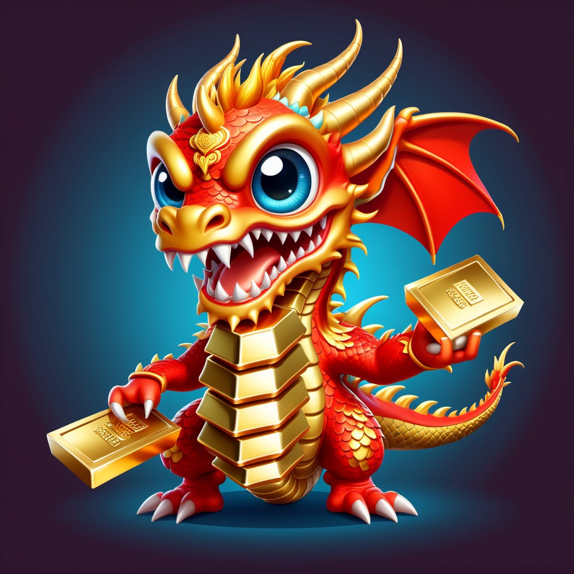 Cartoon Dragon,  illustration,  2D effect,  Chinese style,  New Year mascot,  Holding money in left hand,  ((((((Holding gold bar in right hand)))))),  big eyes,  smile,  Dragon horn on head,<lora:EMS-52717-EMS:0.400000>,<lora:EMS-90475-EMS:0.500000>