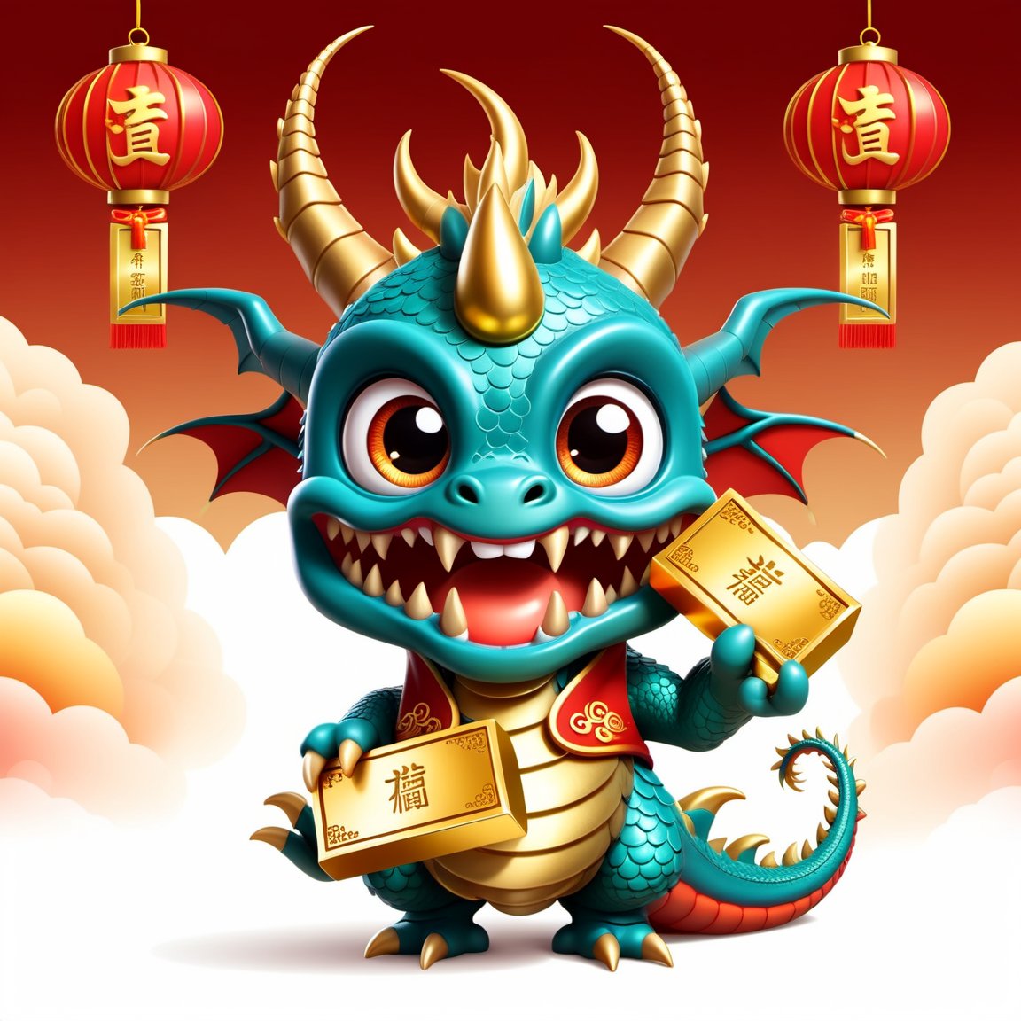 Cartoon Dragon,  illustration,  2D effect,  Chinese style,  New Year mascot,  Holding money in left hand,  ((((((Holding gold bar in right hand)))))),  big eyes,  smile,  Dragon horn on head,<lora:EMS-52717-EMS:0.400000>,<lora:EMS-90475-EMS:0.500000>