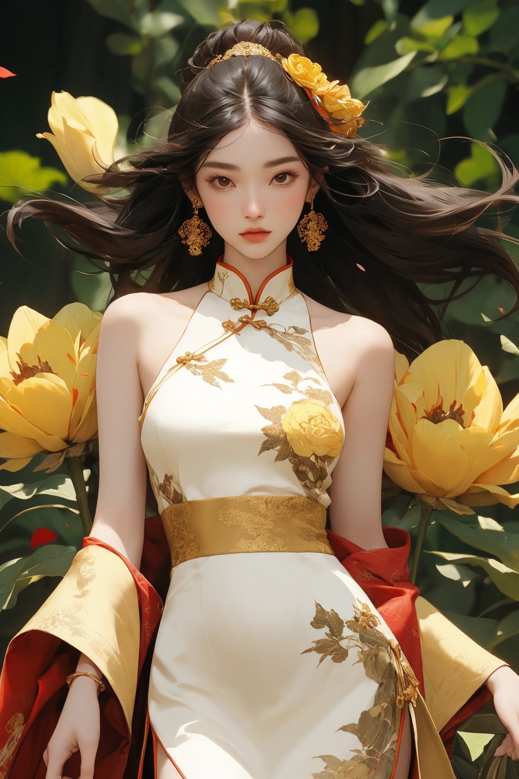  girl,white cheongsam,solo,long hair,jewelry,gold thread,black hair,earrings,flowers,chinese clothing,looking at the audience,sleeveless,yellow flower,bare shoulders,petals,hair accessories,breasts,shut up,floating hair, chinese clothes