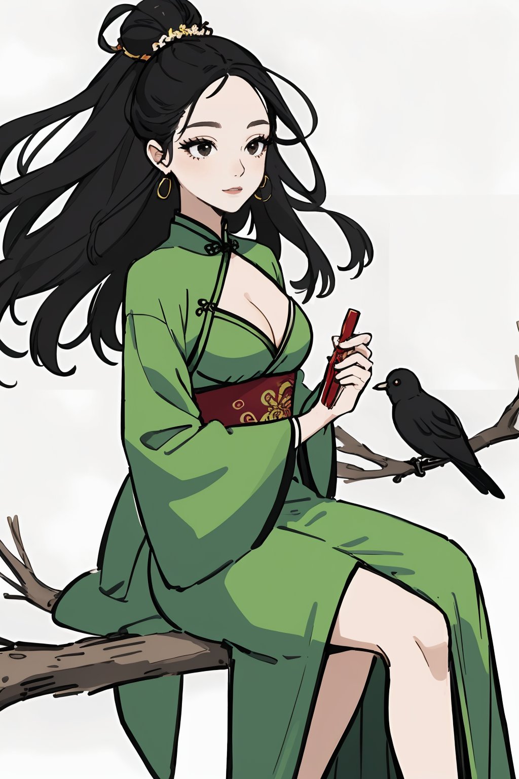  a woman in a green dress sitting on a tree branch with a bird flying over her head and a bird flying over her head,1girl,hanfu,hair ornament,black hair,long sleeves,chinese clothes,shawl,holding,jewelry,solo,long hair,full body,dress,tassel,earrings,tree,forehead mark,wide sleeves,breasts,hair stick,flower,hair bun,green dress,cleavage,bird,closed mouth,norfleet,Best quality,masterpiece,ultra high res, chinese clothes