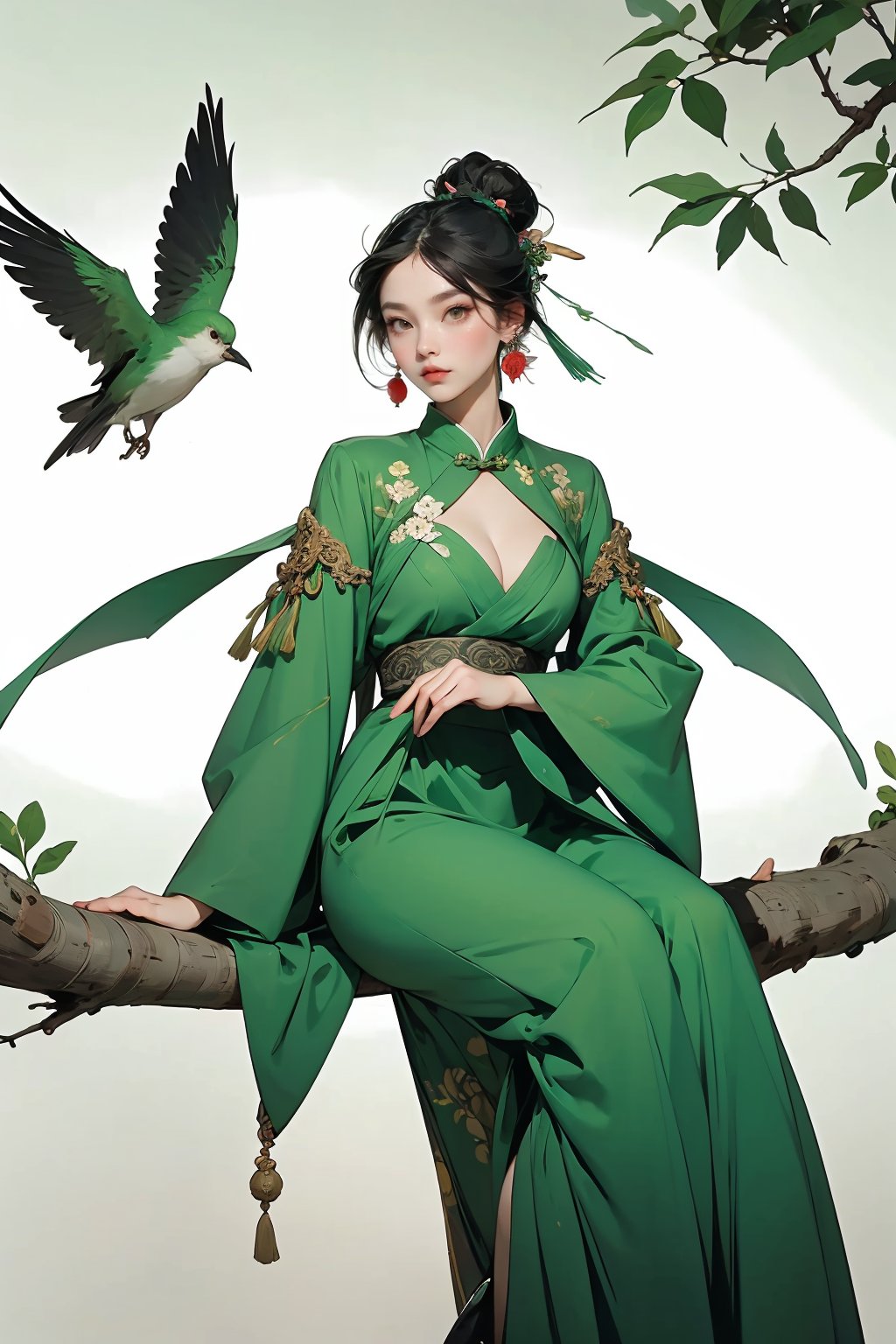  a woman in a green dress sitting on a tree branch with a bird flying over her head and a bird flying over her head,1girl,hanfu,hair ornament,black hair,long sleeves,chinese clothes,shawl,holding,jewelry,solo,long hair,full body,dress,tassel,earrings,tree,forehead mark,wide sleeves,breasts,hair stick,flower,hair bun,green dress,cleavage,bird,closed mouth,norfleet,Best quality,masterpiece,ultra high res, chinese clothes