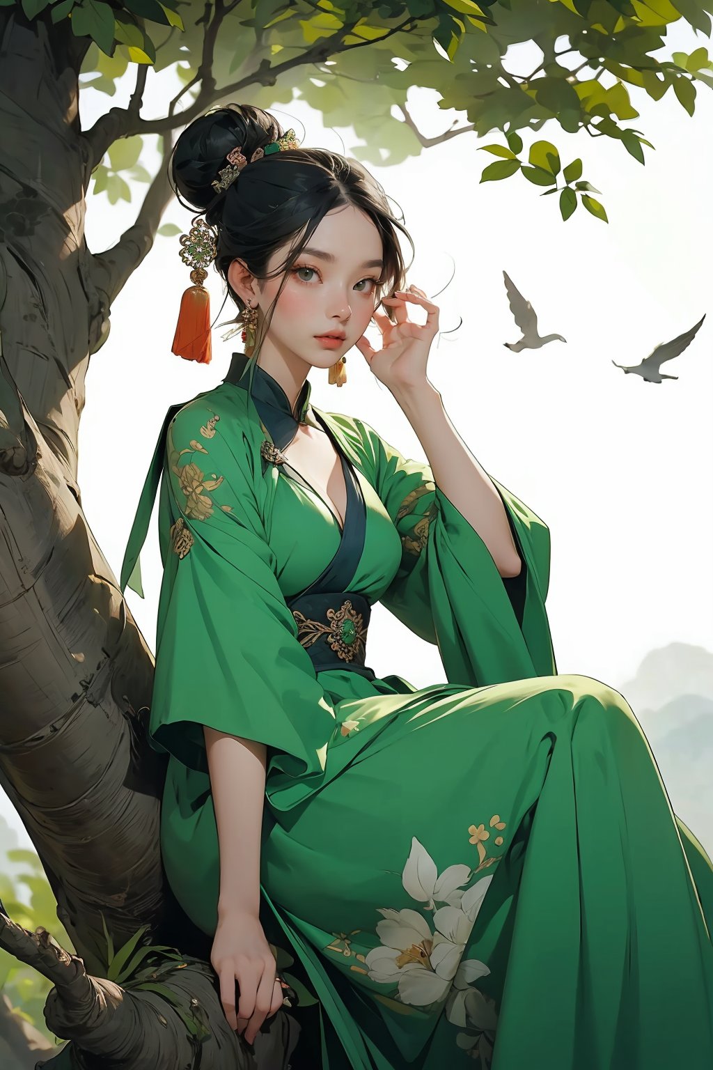  a woman in a green dress sitting on a tree branch with a bird flying over her head and a bird flying over her head,1girl,hanfu,hair ornament,black hair,long sleeves,chinese clothes,shawl,holding,jewelry,solo,long hair,full body,dress,tassel,earrings,tree,forehead mark,wide sleeves,breasts,hair stick,flower,hair bun,green dress,cleavage,bird,closed mouth,norfleet,Best quality,masterpiece,ultra high res, chinese clothes