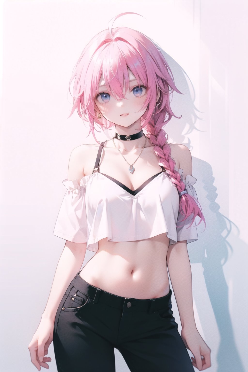 animeniji, hair between eyes, looking at viewer, single braid, choker, parted lips, white shirt, 1girl, long hair, solo, smile, off shoulder, ahoge, shirt, hair over shoulder, off-shoulder shirt, pants, pink hair, hand up, short sleeves, medium breasts, braid, white background, navel, midriff, black pants, collarbone, necklace, blue eyes, jewelry, bare shoulders, black choker, crop top, cleavage,background, light and shadow, lighting