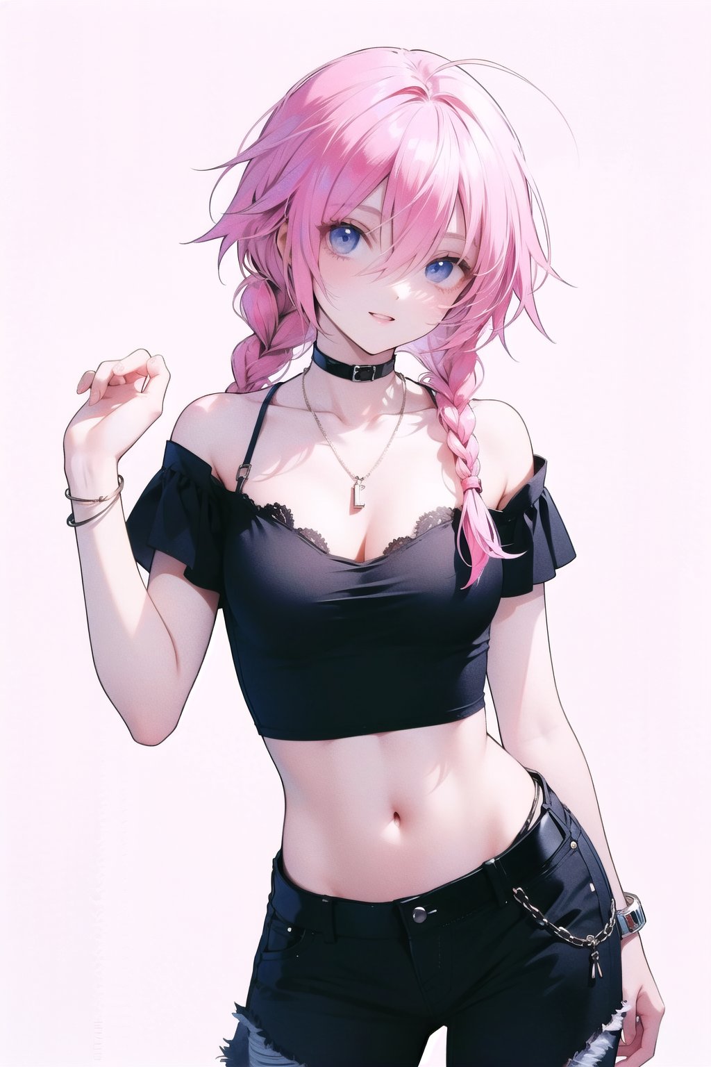 animeniji, hair between eyes, looking at viewer, single braid, choker, parted lips, white shirt, 1girl, long hair, solo, smile, off shoulder, ahoge, shirt, hair over shoulder, off-shoulder shirt, pants, pink hair, hand up, short sleeves, medium breasts, braid, white background, navel, midriff, black pants, collarbone, necklace, blue eyes, jewelry, bare shoulders, black choker, crop top, cleavage,background, light and shadow, lighting,kurostyle